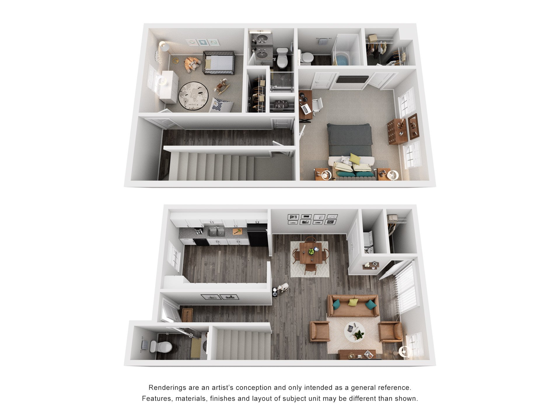 Floor plan for 2 beds, 2.5 baths, 1157 sqft